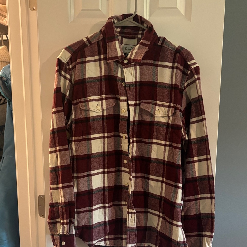 American Eagle Outfitters Burgundy and White Plaid Shirt